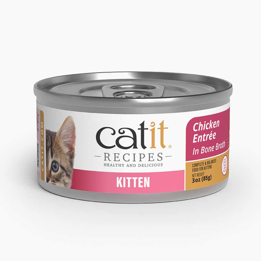 Catit kitten food packaging featuring chicken entrée in bone broth