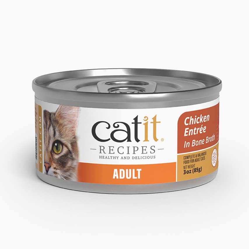 Catit Chicken Entrée in Bone Broth wet cat food packaging for adult cats