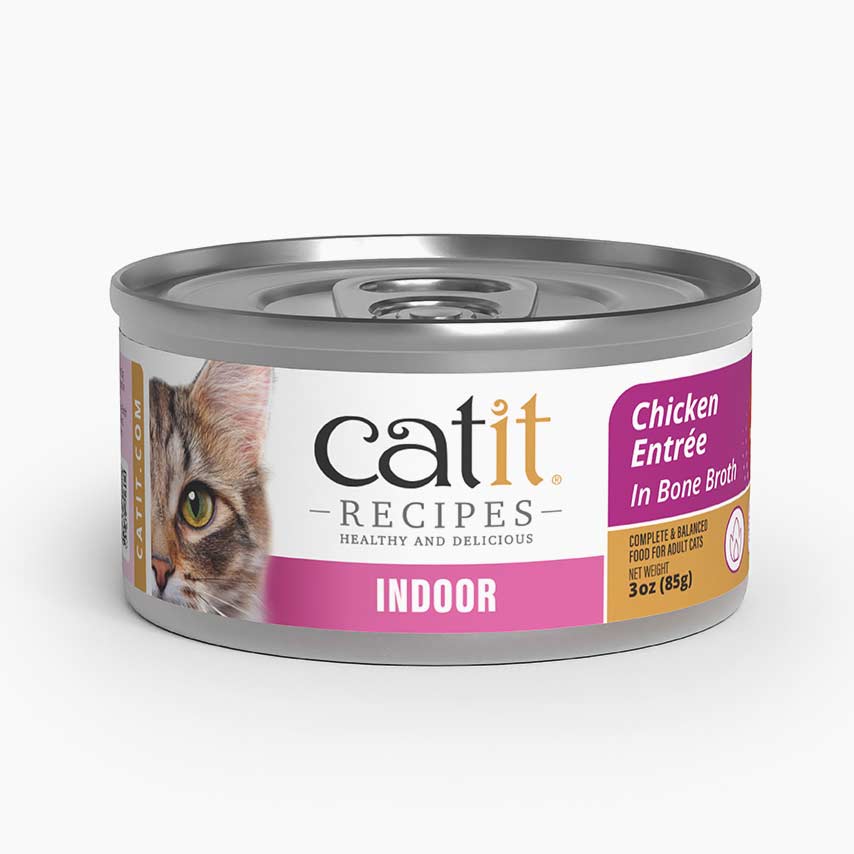 Catit Recipes Indoor Chicken Entrée in Bone Broth wet cat food in 3oz packaging