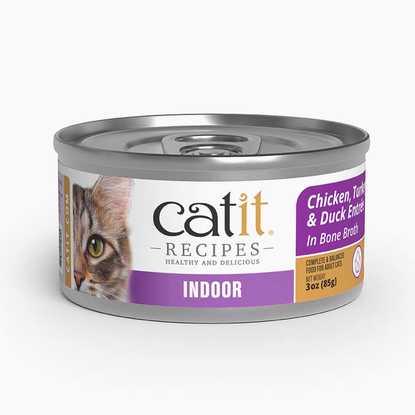 Catit Indoor Chicken, Turkey and Duck Entree in Bone Broth cat food packaging
