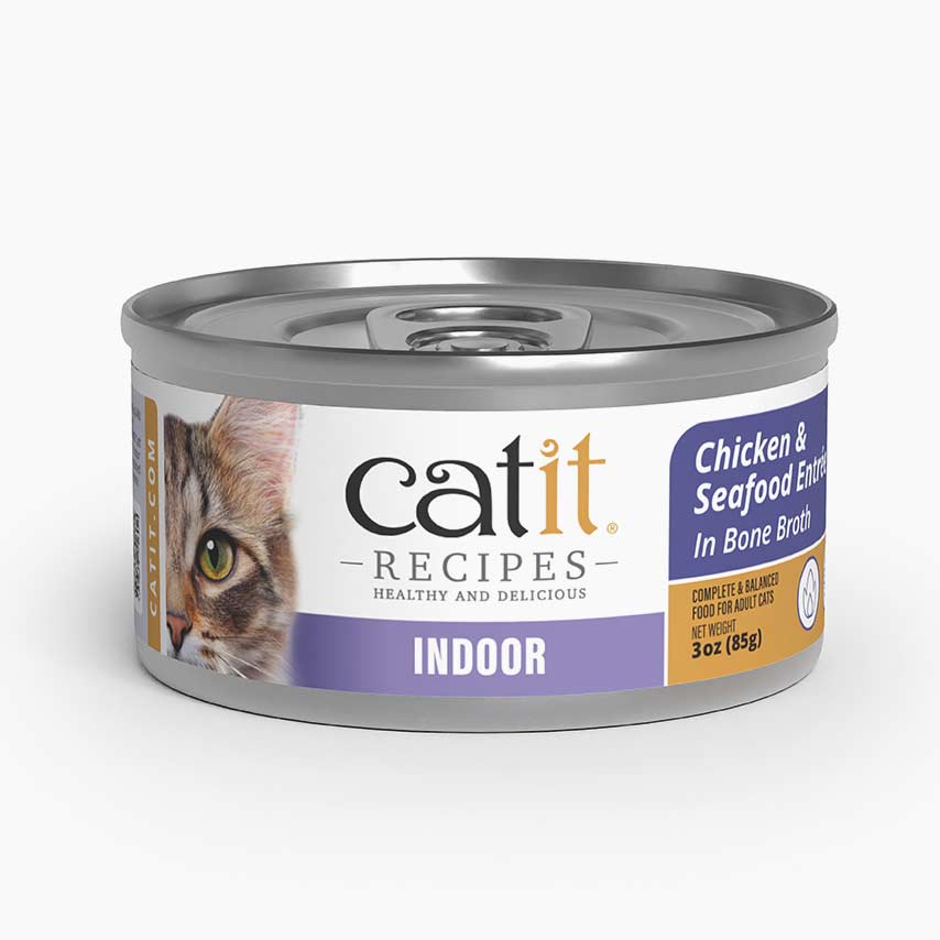 Catit Recipes Indoor Chicken and Seafood Entree in Bone Broth cat food can