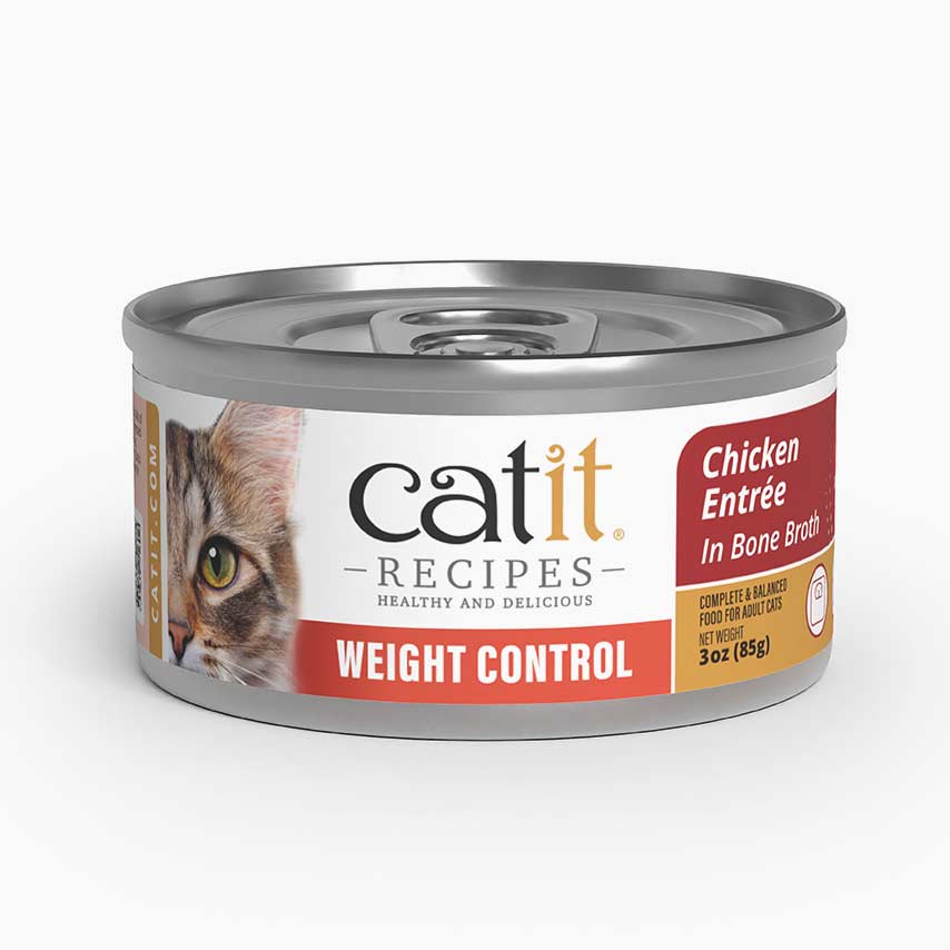 Catit Recipes Weight Control Chicken Entrée in Bone Broth cat food packaging