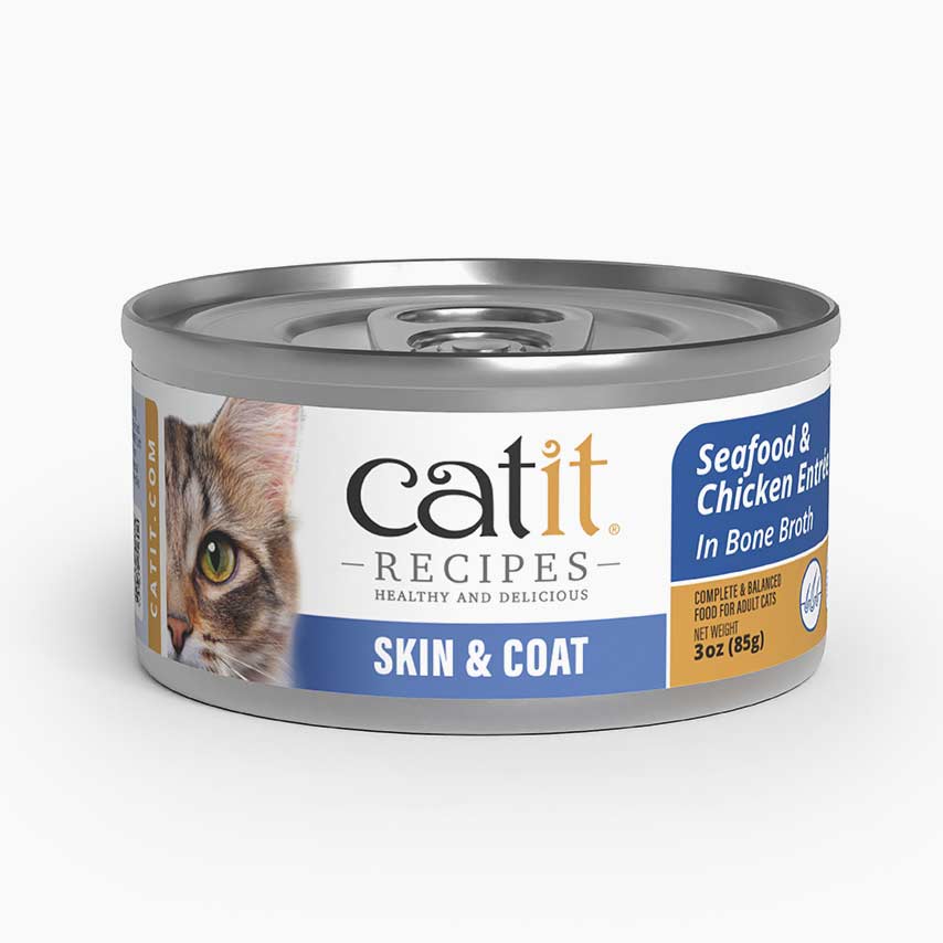 Catit Recipes Skin & Coat Seafood & Chicken Entrée in Bone Broth cat food packaging