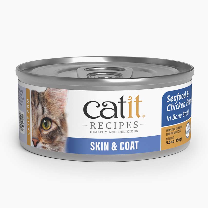 Catit Recipes Skin & Coat seafood and chicken entree in bone broth cat food packaging
