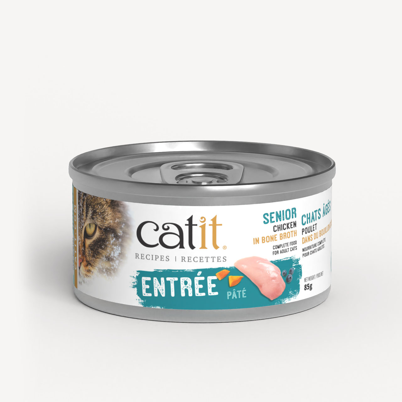 Catit Senior Chicken in Bone Broth pâté cat food in an 85g metal can