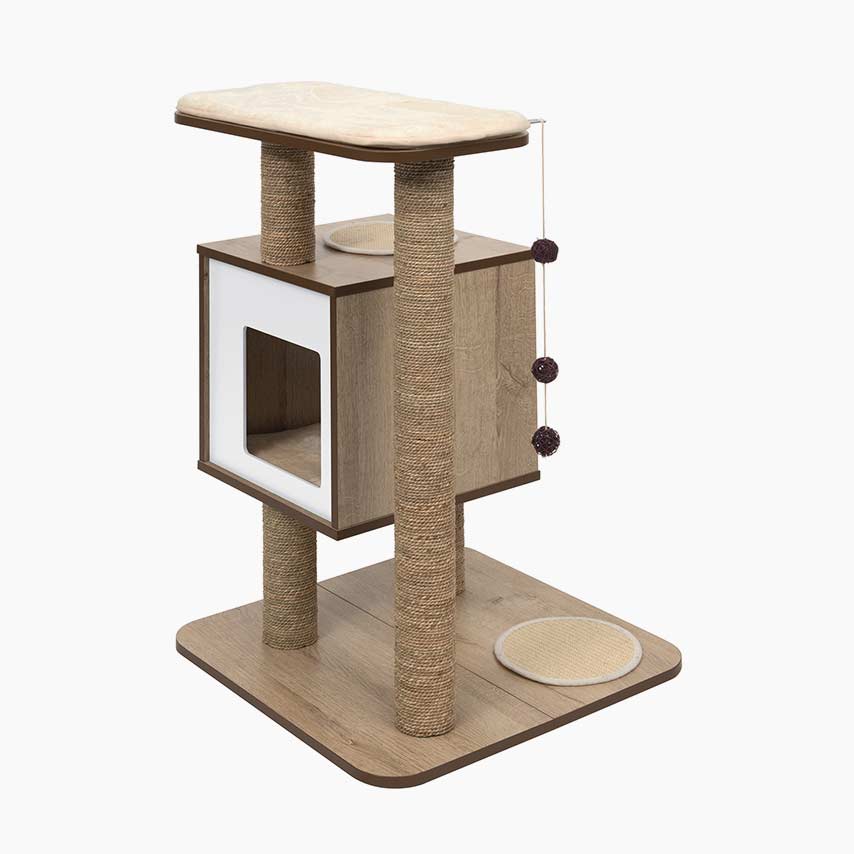 Vesper Base cat tree in oak finish with a cubby, scratching posts, and hanging toys