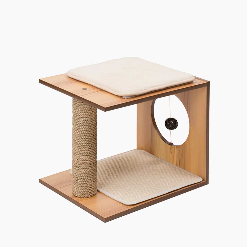 Vesper cat stool with a wooden frame, sisal scratching post, top cushion, and hanging toy ball