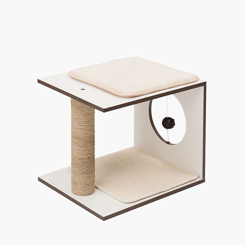 White Vesper cat stool with a sisal scratching post, a plush top cushion, a bottom scratching mat, and a hanging toy ball