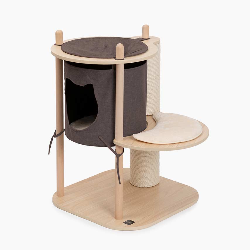Catit Vesper Treehouse small cat furniture with a wooden base, scratching post, hanging fabric cube, and a crescent-shaped bed