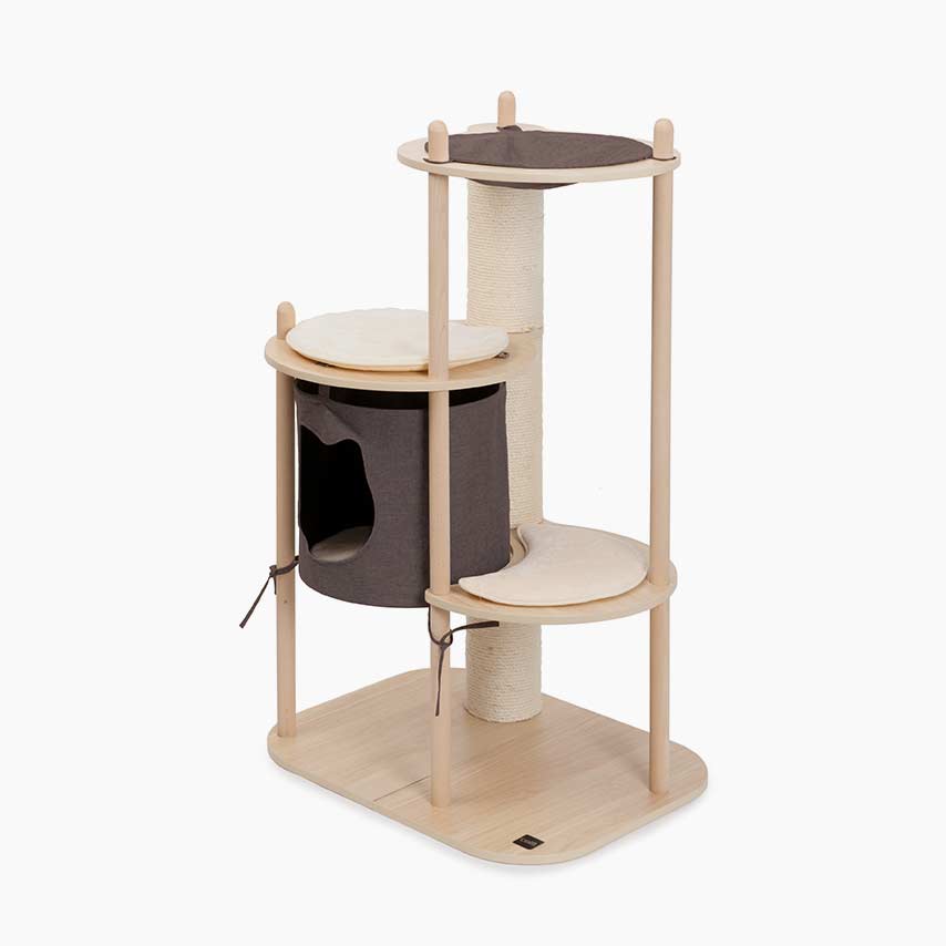 Catit Vesper Treehouse medium cat furniture with a wooden base, scratching post, and grey fabric hideaway