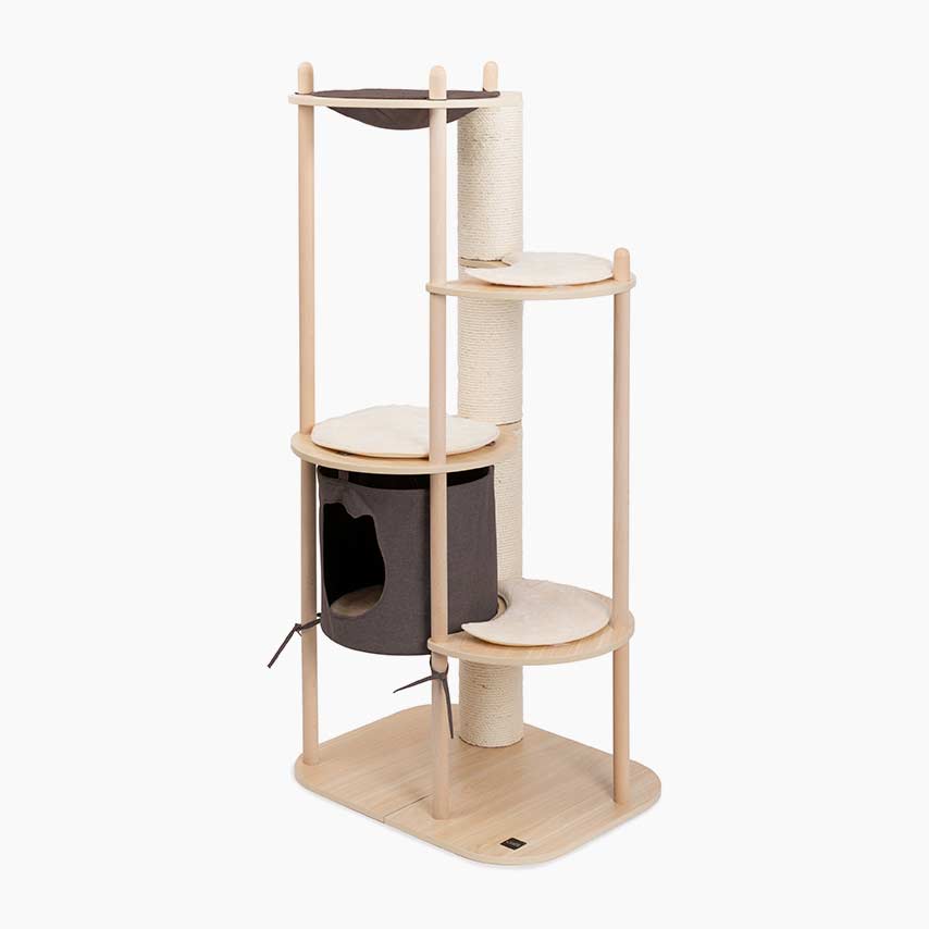 Catit Vesper Treehouse cat furniture with a wooden frame, scratching post, hanging hammock, and a dark grey cat den