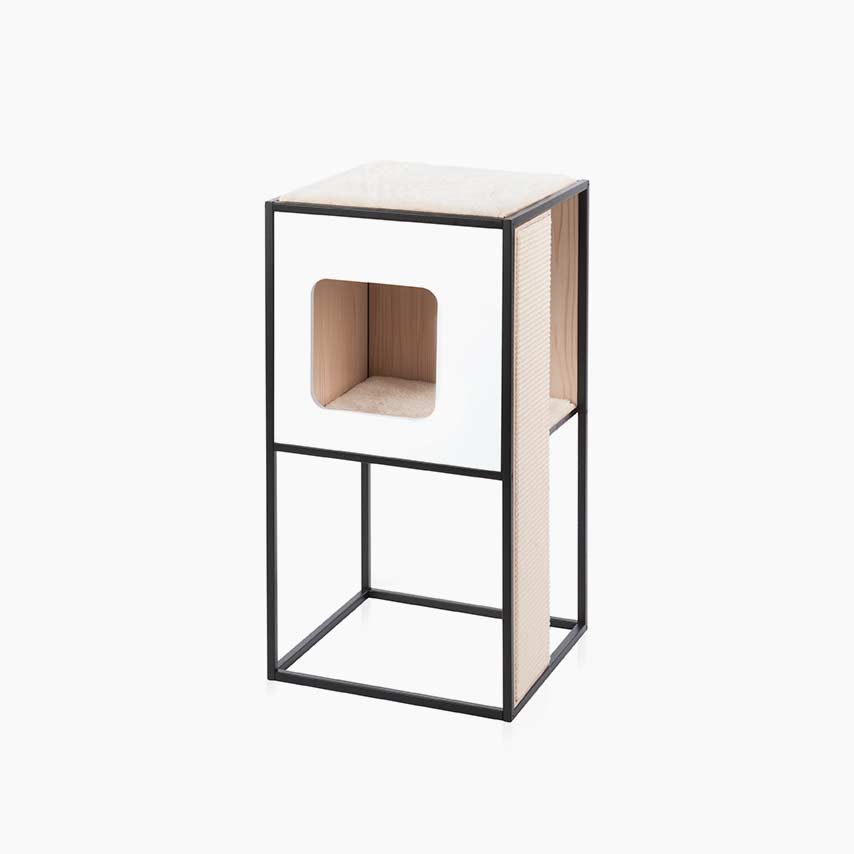 Catit Vesper Patio cat furniture with a white hideaway cube, scratching post, and top platform