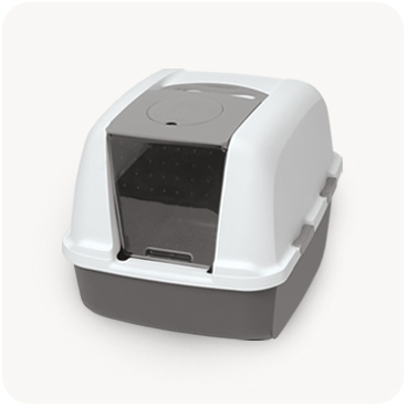 Catit hooded litter box with a grey base, white top, and a dark, semi-transparent front door