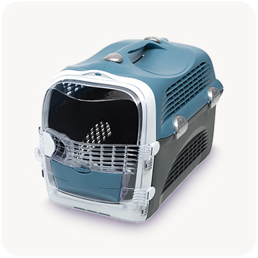 Blue and grey plastic cat carrier with a clear front door and top handle