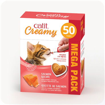 Catit Creamy salmon recipe lickable cat treats in a 50-tube mega pack packaging