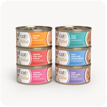 Six cans of Catit Cuisine Fillet cat food in various flavors stacked in two columns