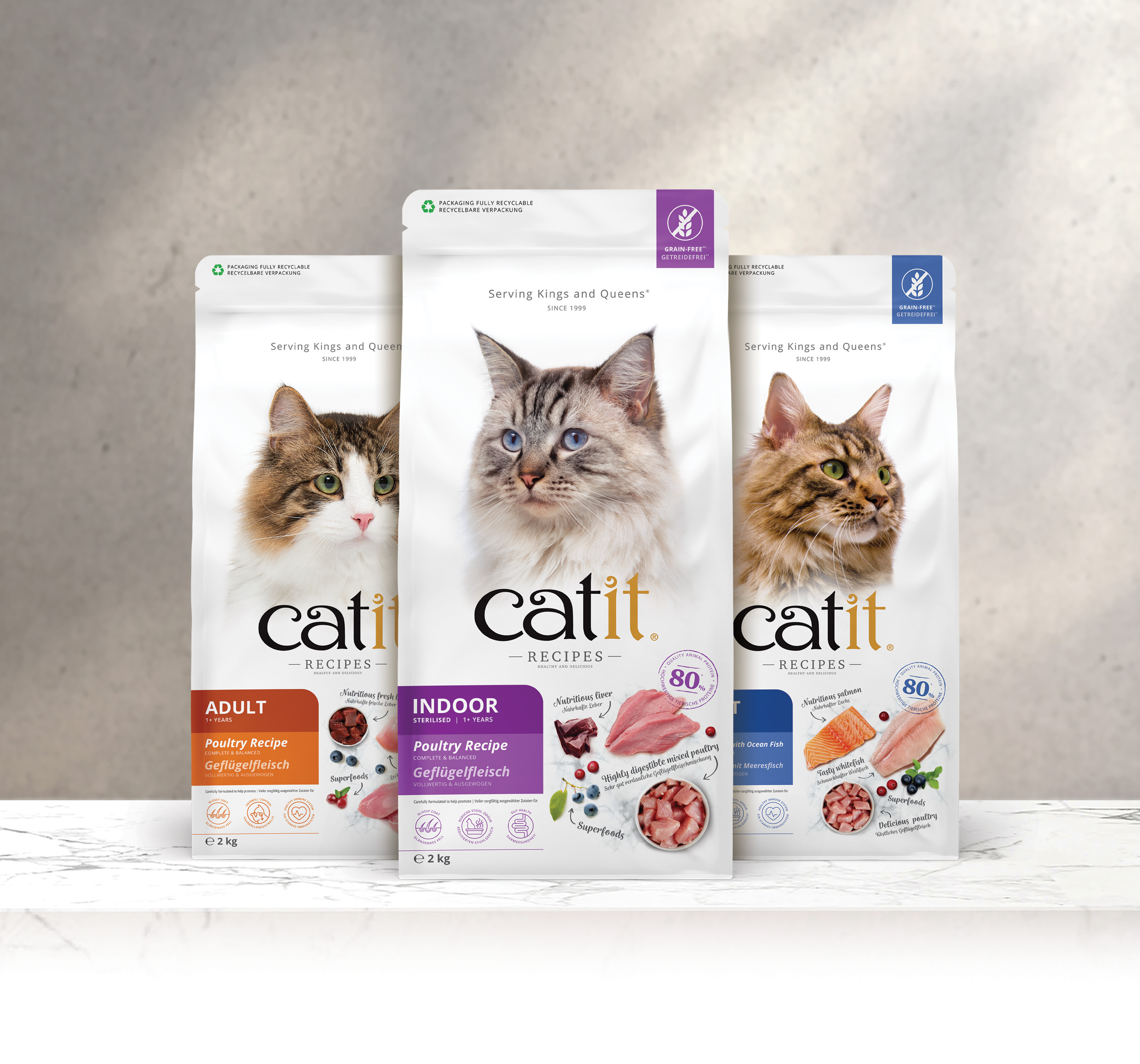 Three bags of Catit Recipes dry cat food featuring different formulas for adult, indoor, and fish-based diets