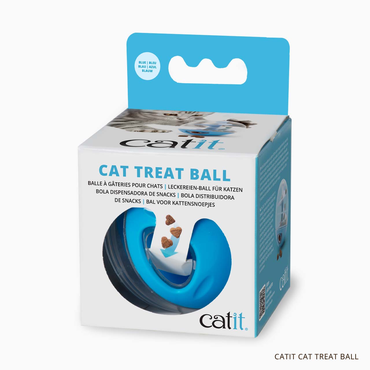 Catit blue cat treat ball in its product packaging