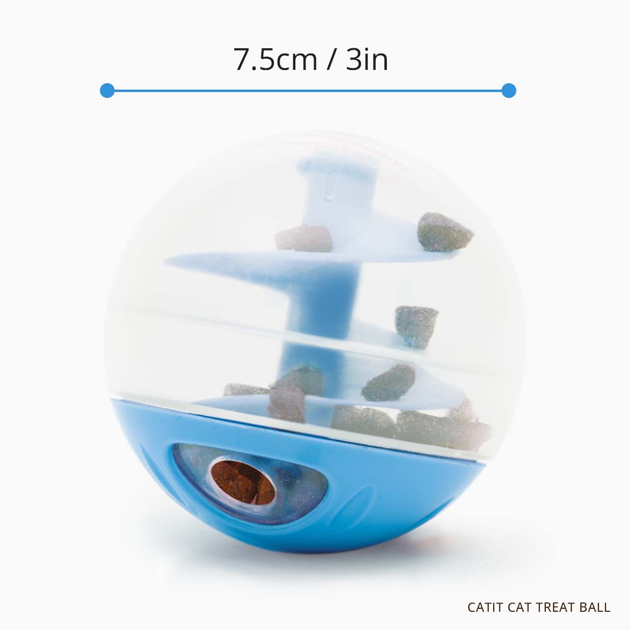 Catit treat ball, a spherical toy with an internal spiral track for dispensing treats, measuring 7.5cm or 3 inches wide