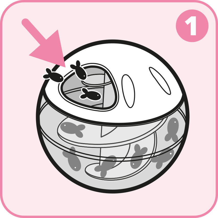 Instructional graphic showing a cat treat ball with an arrow pointing to the opening where treats are inserted