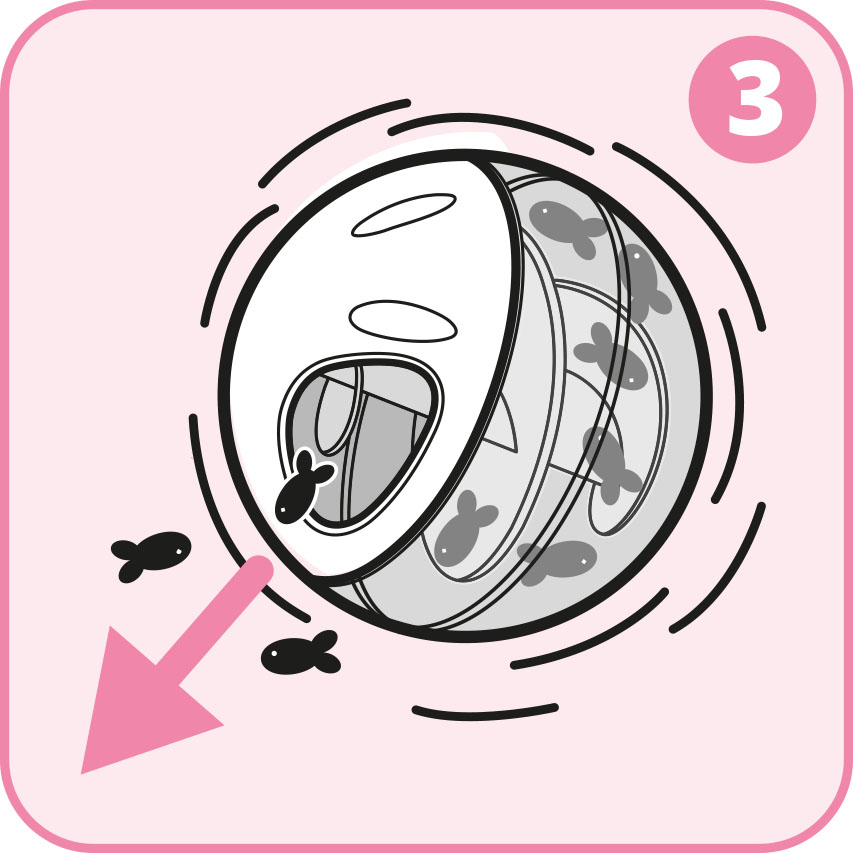 Instructional graphic showing a cat treat ball dispensing treats as it rolls, labeled with the number 3