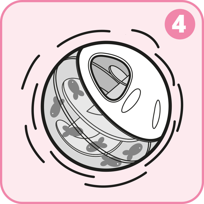 Instructional graphic showing a Catit treat ball toy being rolled to dispense treats