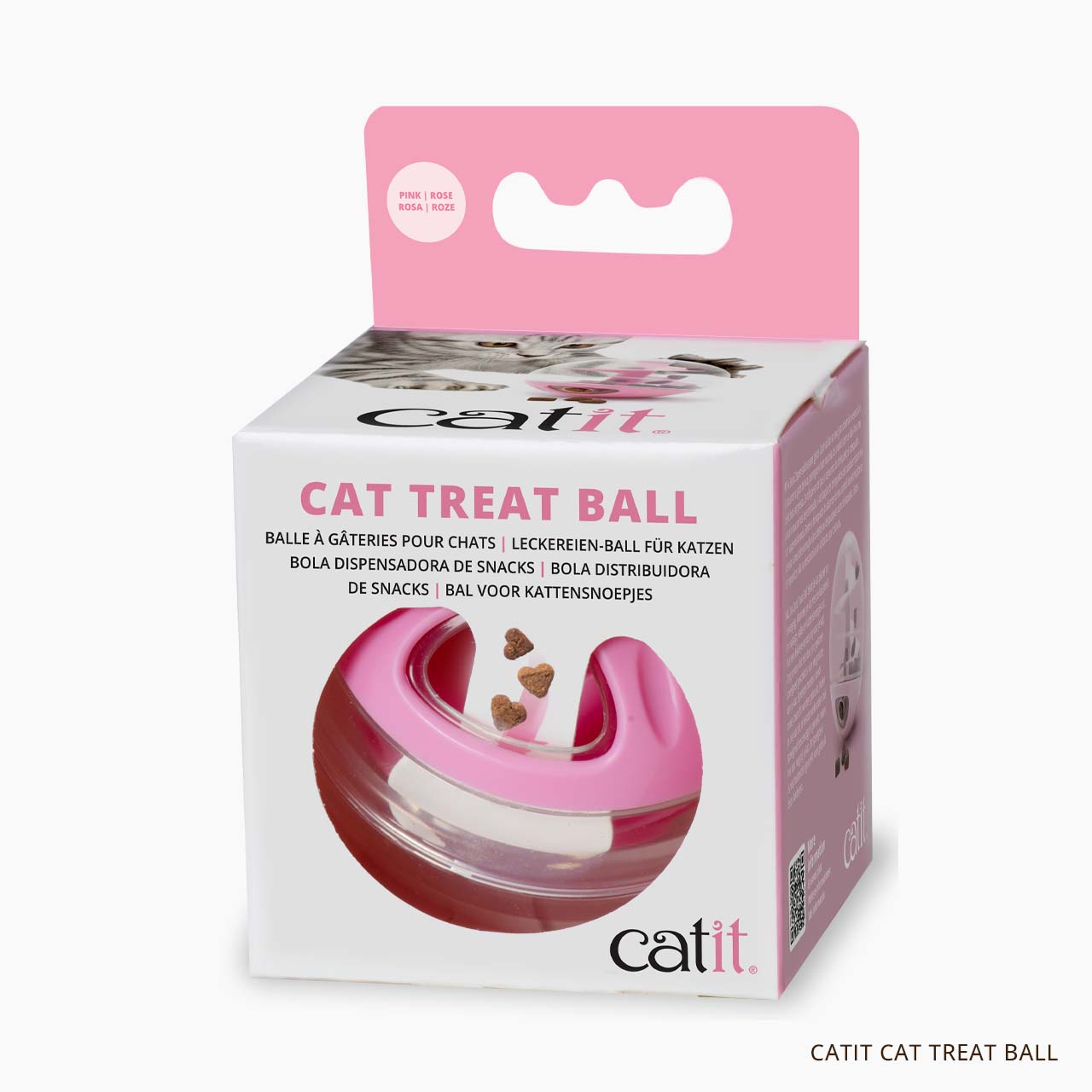 Catit pink treat ball in its product packaging