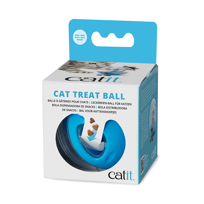 Catit blue cat treat ball in its product packaging