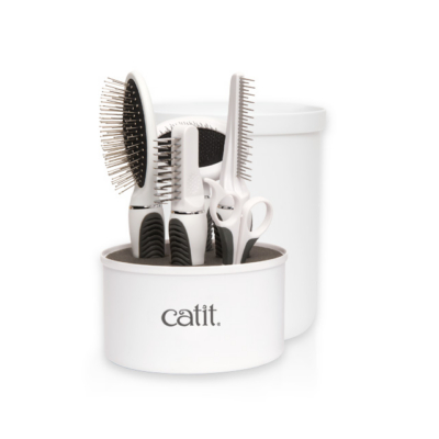 Catit grooming kit for longhaired cats featuring a set of brushes and combs in a white storage container