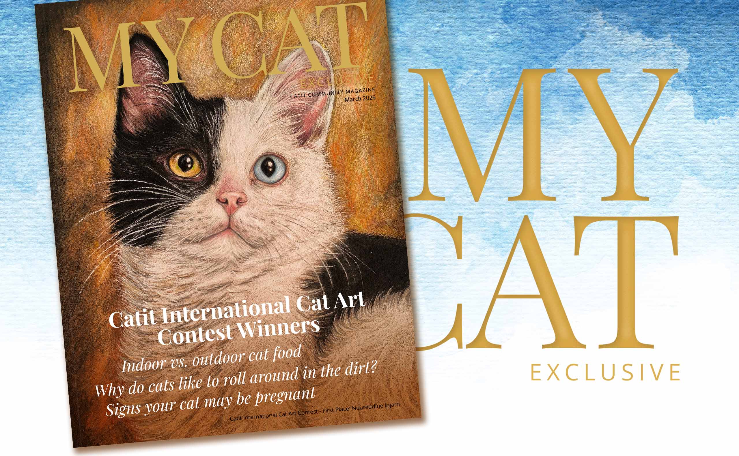 Catit community magazine cover for March 2026 featuring a portrait of a cat with heterochromia and contest information