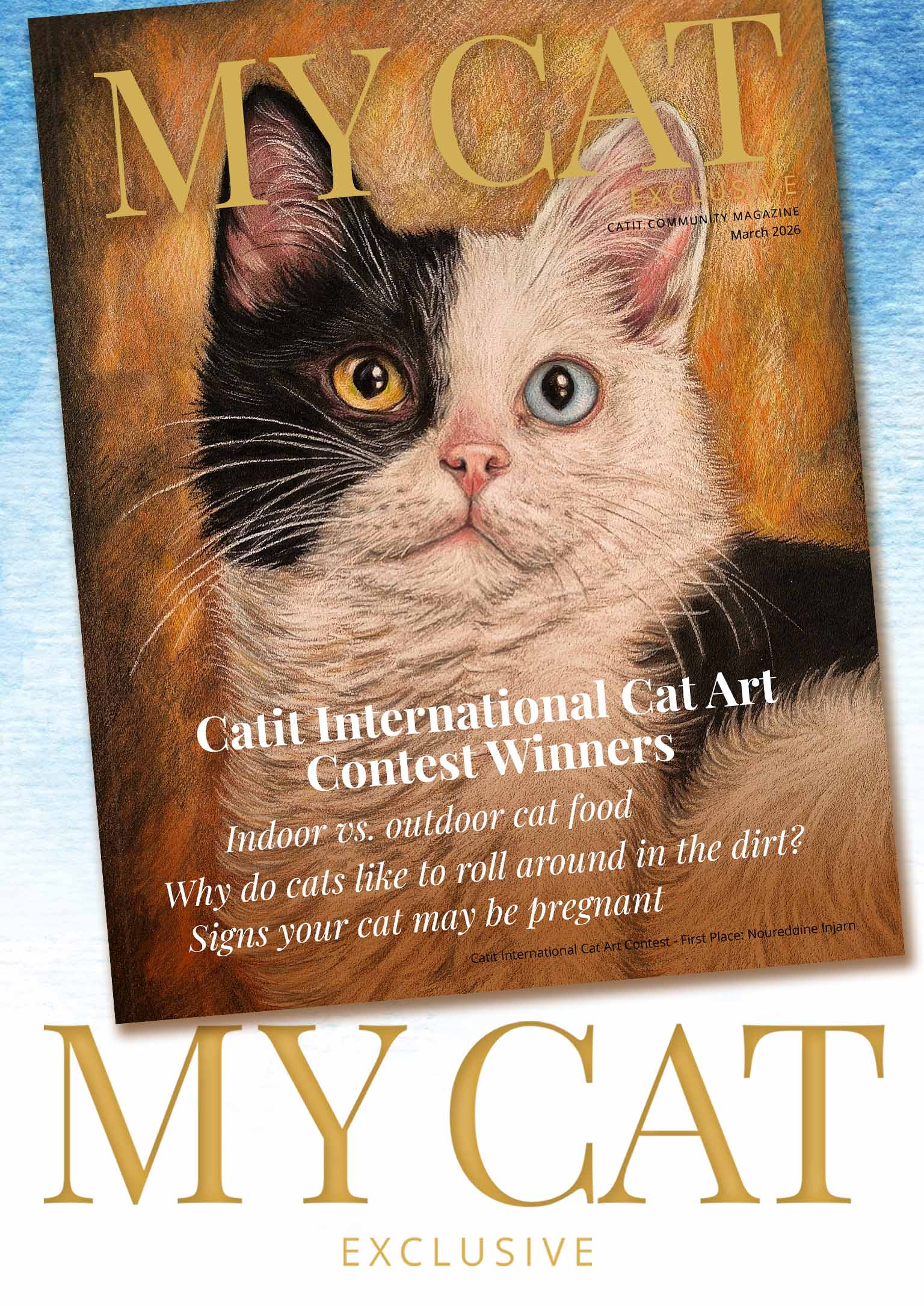 Catit My Cat magazine cover for March 2026 featuring a portrait of a cat with heterochromia and articles on cat care
