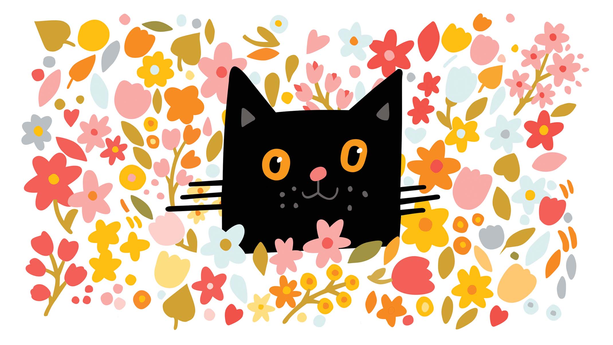 A black cat peeking out from behind a colorful pattern of flowers and leaves