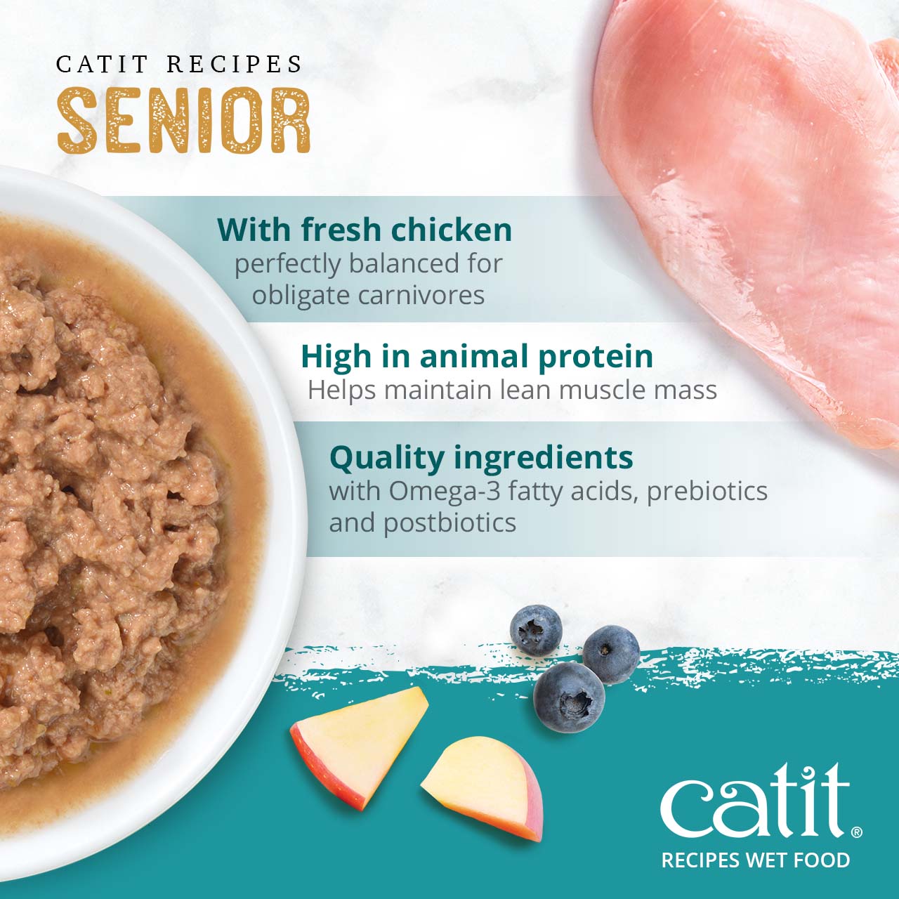 Catit Senior wet cat food features fresh chicken, high animal protein for muscle maintenance, and added nutrients
