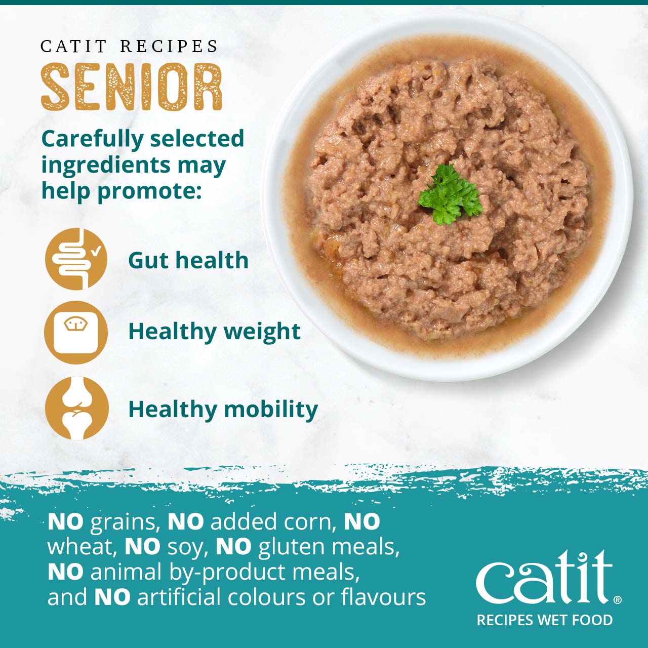 Catit Senior wet food promotes gut health, healthy weight, and mobility, and contains no grains, corn, wheat, soy, or fillers