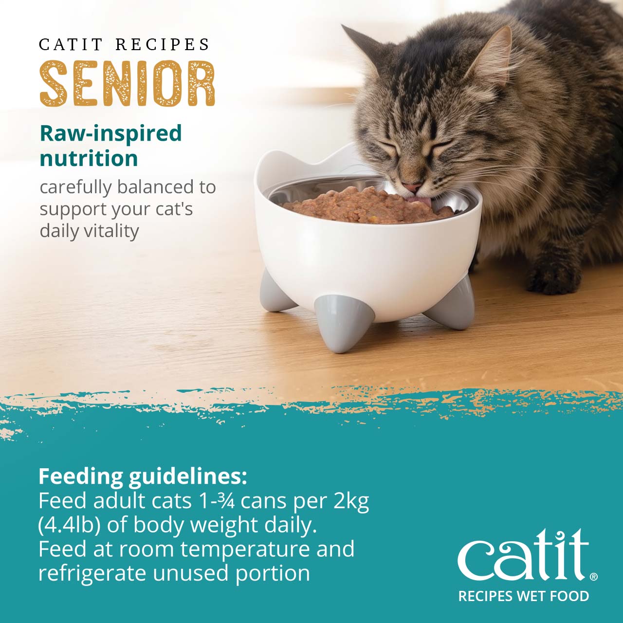 Catit Senior wet food feeding guidelines for adult cats, recommending 1-3/4 cans per 2kg of body weight daily