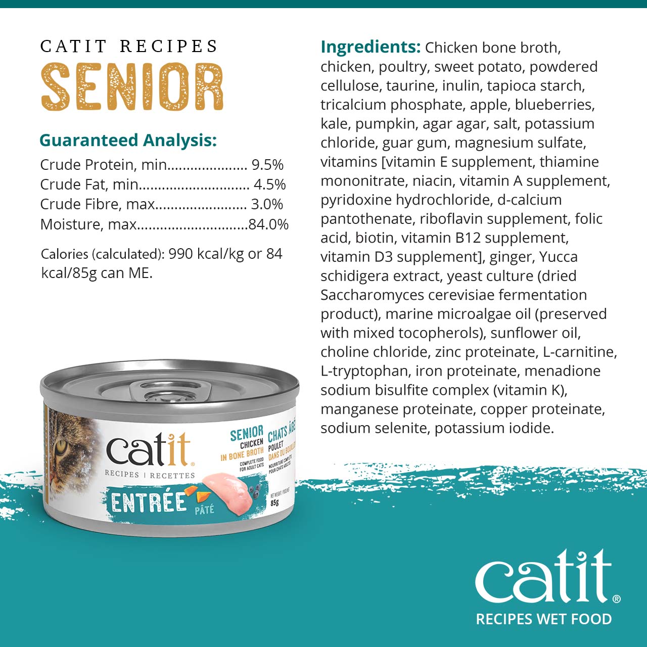 Catit Senior Chicken in Bone Broth wet cat food packaging, including guaranteed analysis and ingredient list