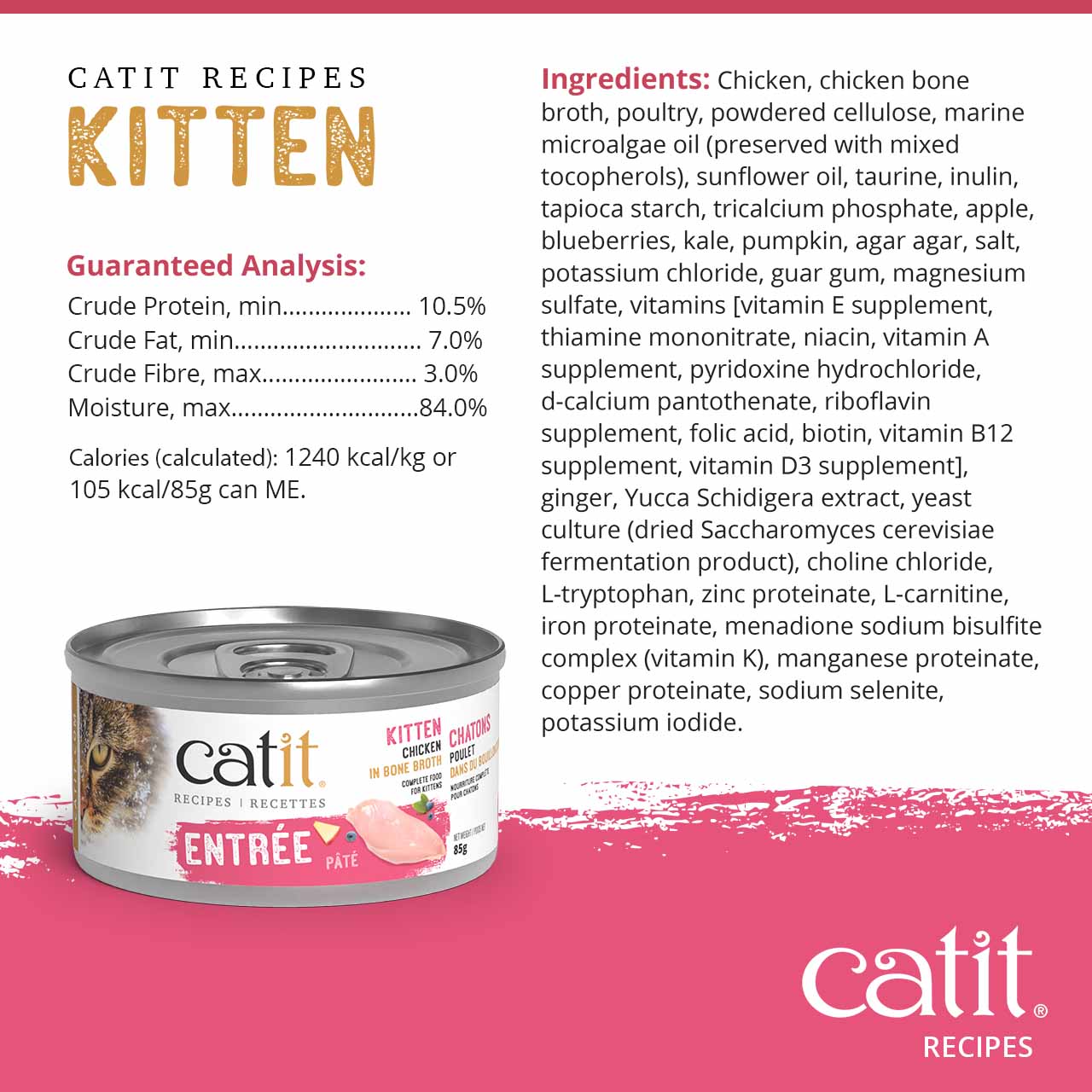 Catit Kitten chicken in bone broth pâté canned food with guaranteed analysis and ingredient list