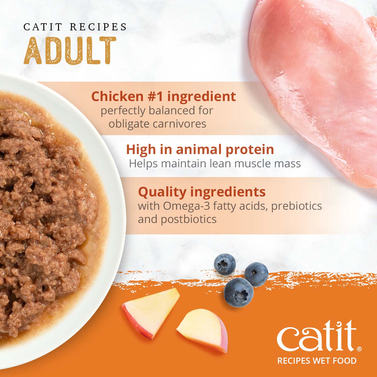 Catit Adult wet cat food features chicken as the first ingredient, high animal protein, and added nutrients for cats