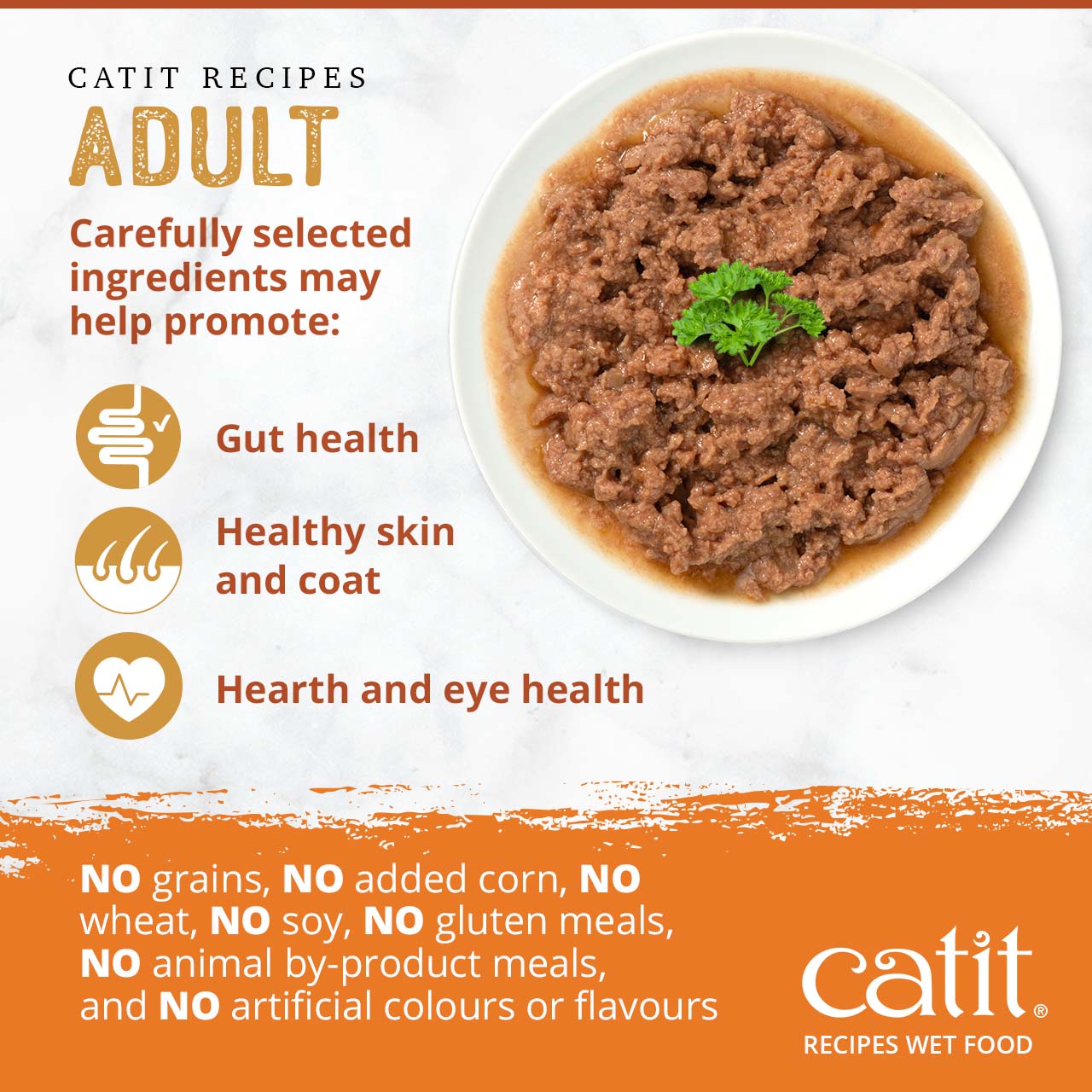 Catit adult wet cat food promotes gut, skin, coat, and eye health, and is free from grains, corn, wheat, soy, and additives