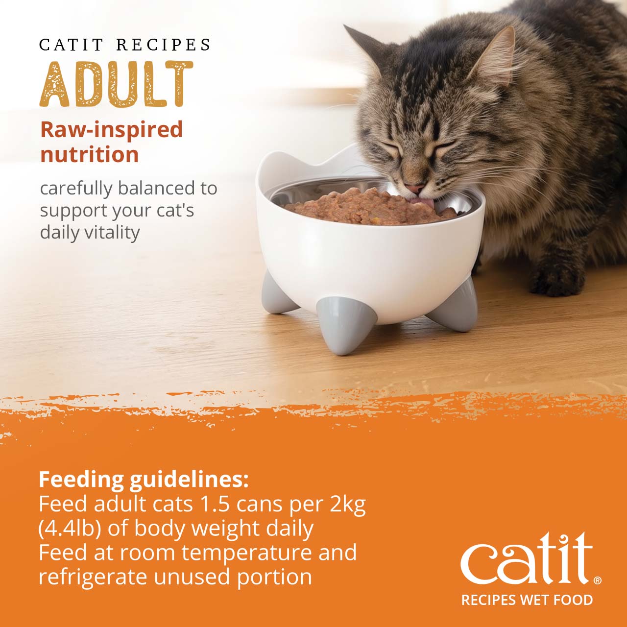 Catit wet food feeding guidelines for adult cats, recommending 1.5 cans per 2kg of body weight daily