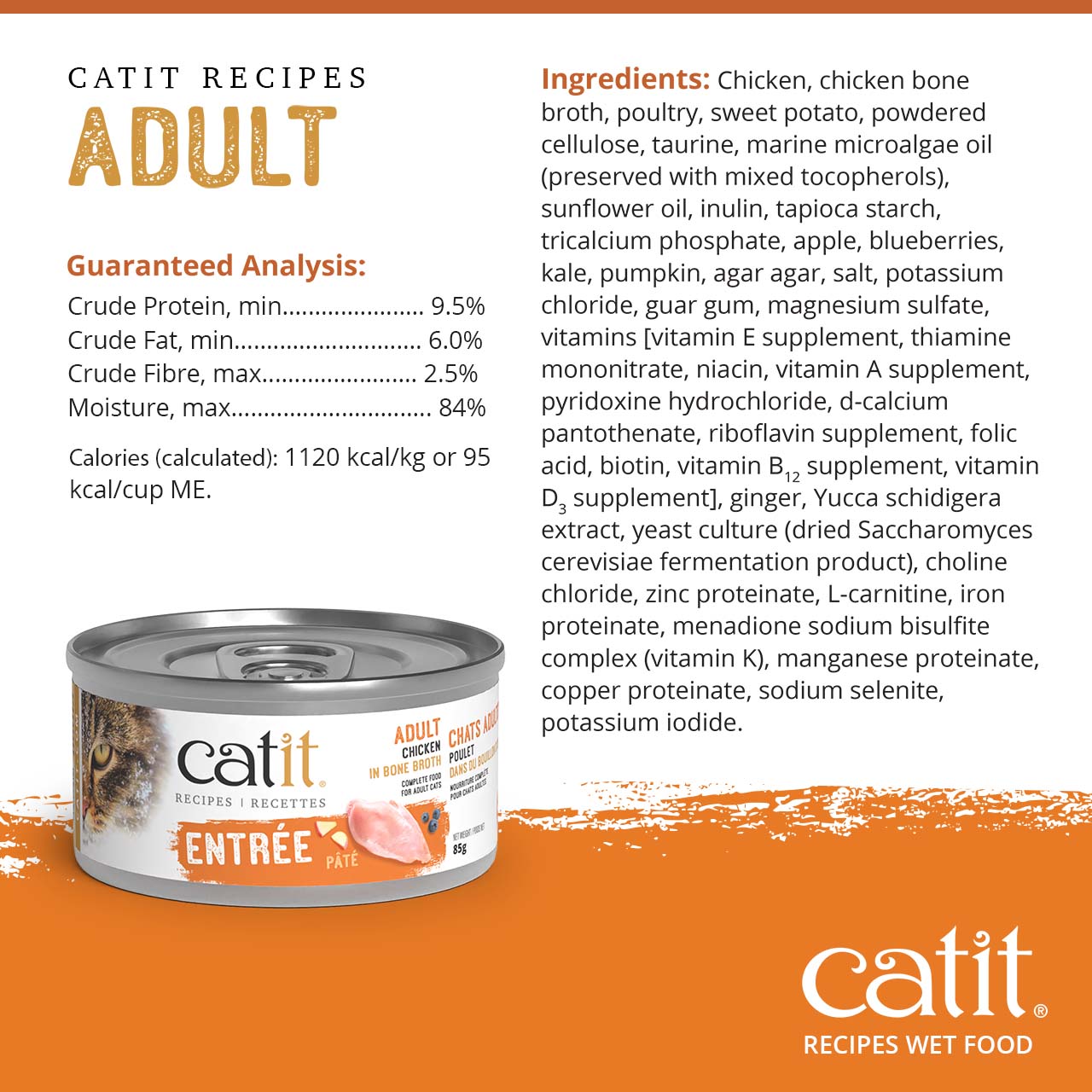 Catit Adult Chicken in Bone Broth wet cat food packaging, including guaranteed analysis and ingredient list