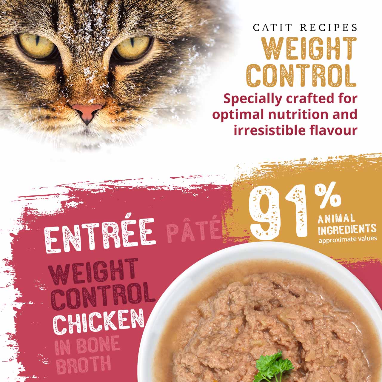 Catit Weight Control Chicken in Bone Broth pâté cat food, featuring 91% animal ingredients