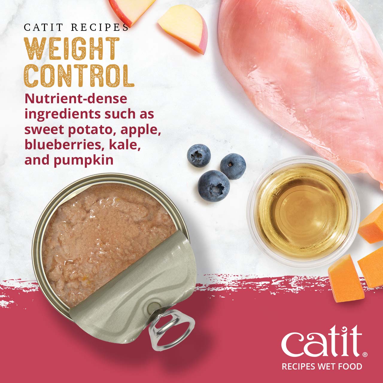 Catit Weight Control wet cat food featuring nutrient-dense ingredients like chicken, sweet potato, apple, and blueberries