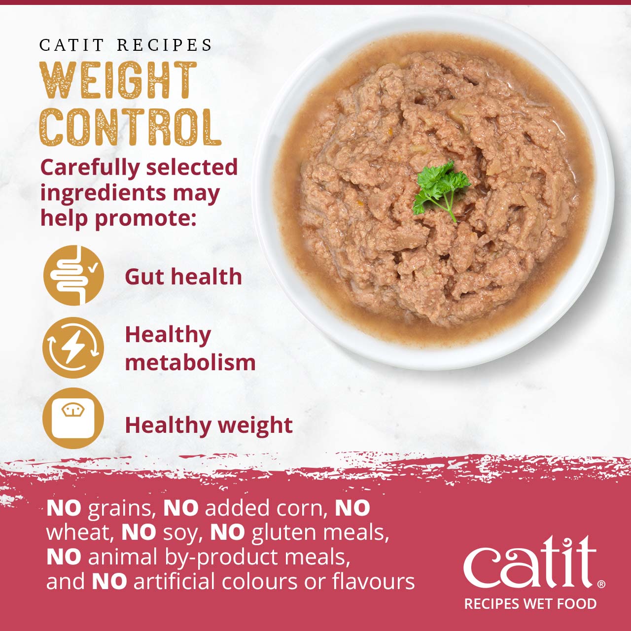 Catit Weight Control wet cat food promotes gut health, healthy metabolism, and healthy weight without grains or additives