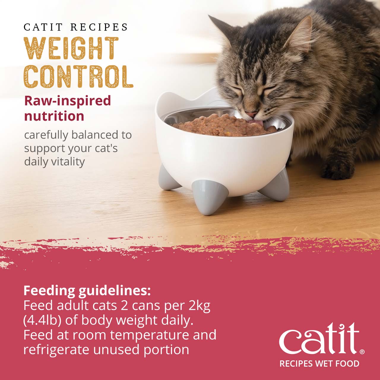 Catit Weight Control wet cat food feeding guidelines for adult cats, recommending 2 cans per 2kg of body weight daily