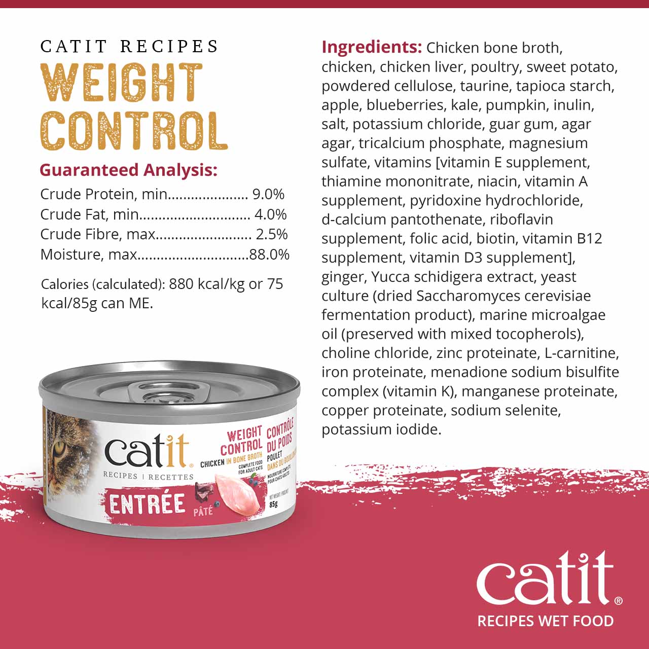 Catit Weight Control chicken in bone broth wet cat food packaging with guaranteed analysis and ingredient list