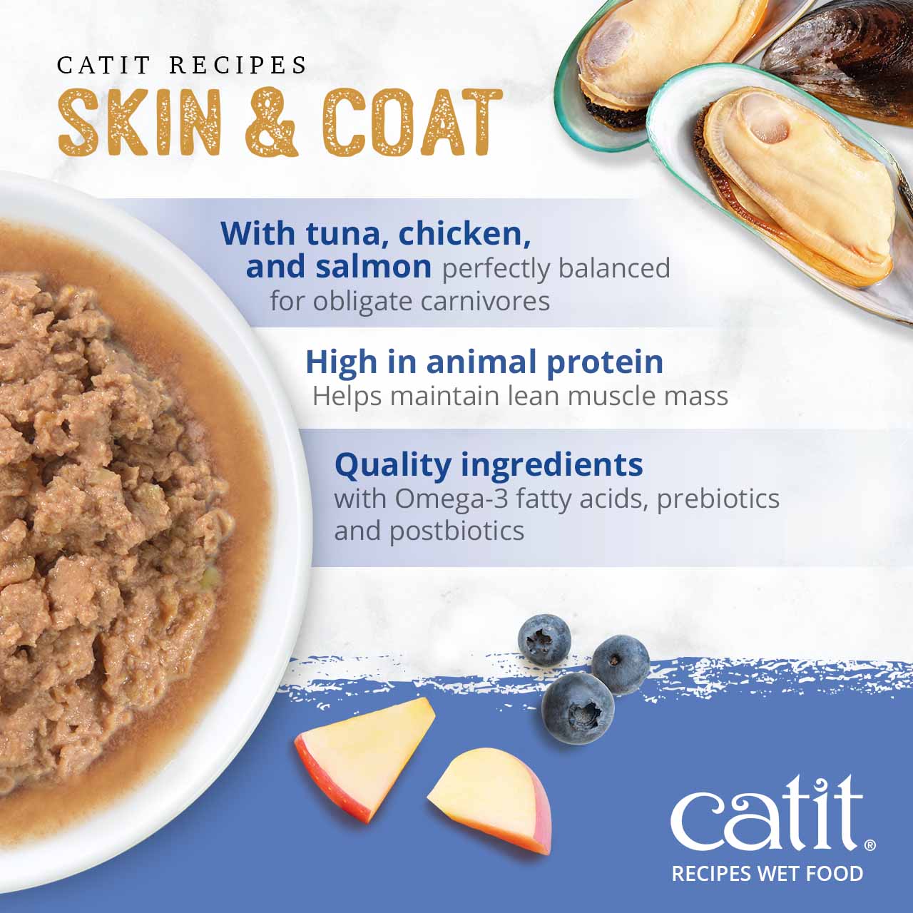 Catit Skin & Coat wet cat food featuring tuna, chicken, salmon, omega-3 fatty acids, prebiotics, and postbiotics