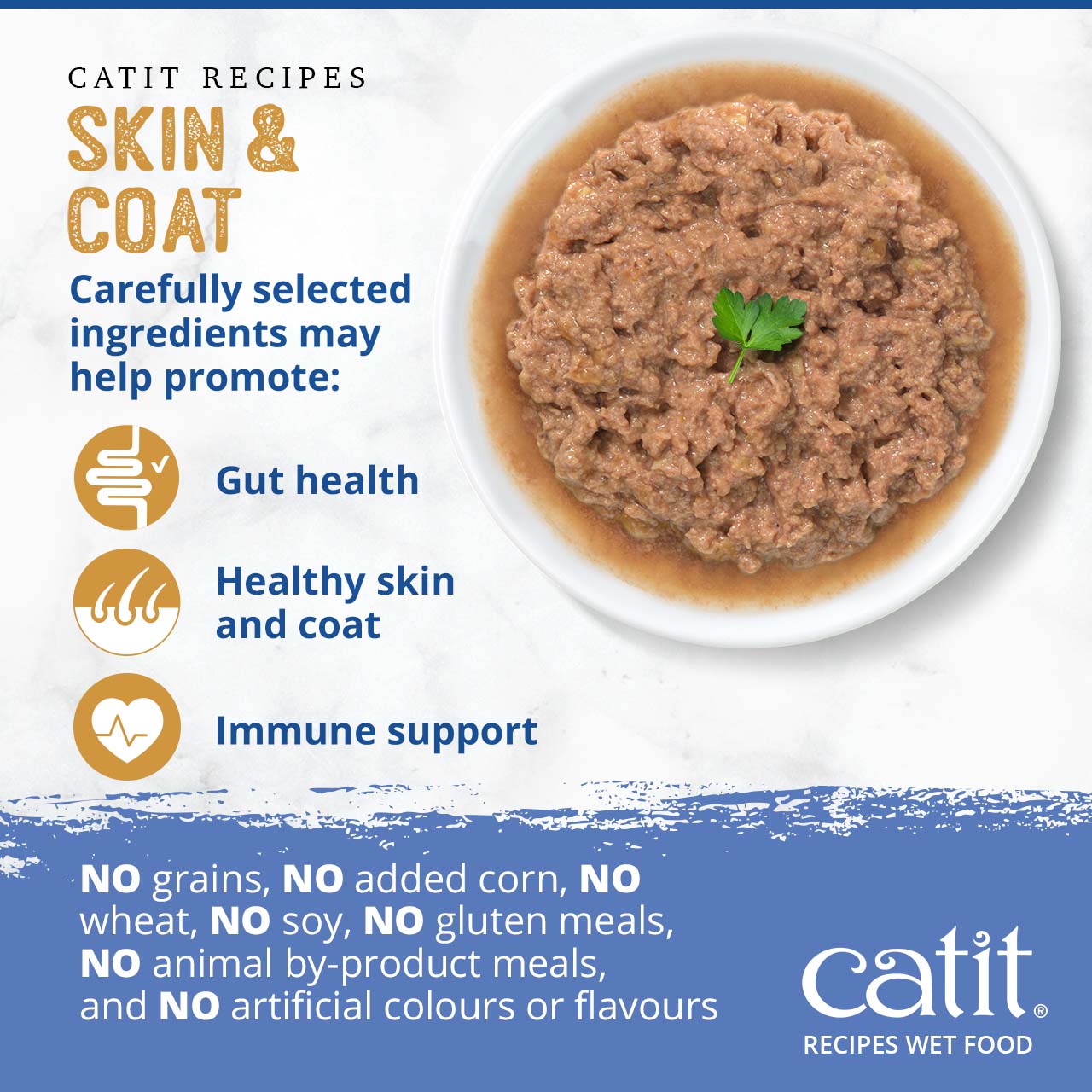 Catit Skin & Coat wet cat food promotes gut health, healthy skin and coat, and immune support without grains or additives