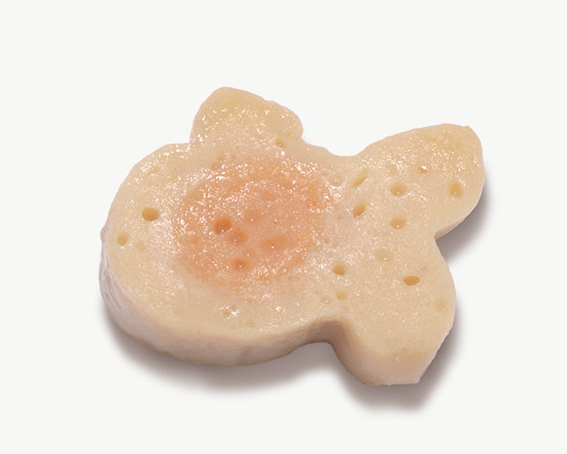 Fish-shaped cat treat with a salmon-colored center