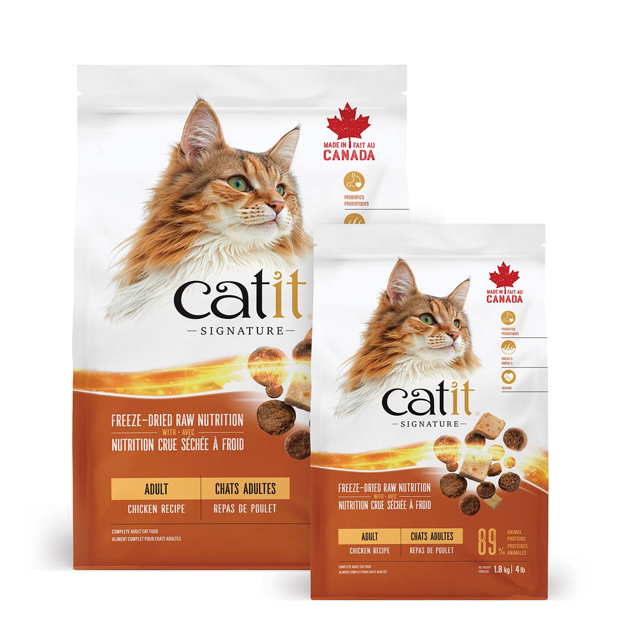 Two bags of Catit Signature freeze-dried raw chicken recipe cat food for adults, featuring Canadian-made branding